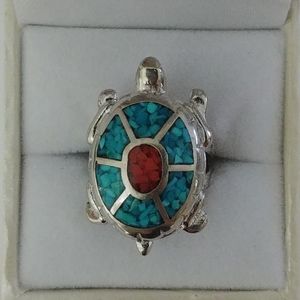 Silver Turquoise and Red Jasper Turtle Ring
